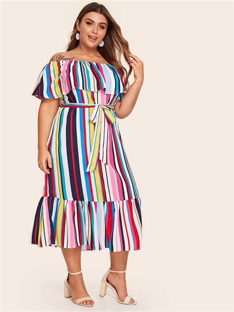 SHEIN Plus Off Shoulder Flounce Hem Striped Belted Dress | Plus size ...