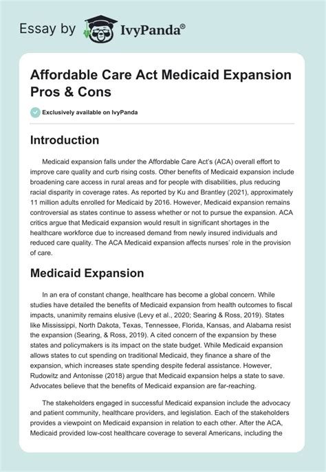 Affordable Care Act Medicaid Expansion Pros & Cons - 1190 Words ...