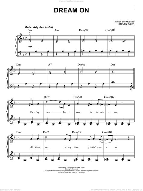 Dream On, (beginner) sheet music for piano solo (PDF-interactive)