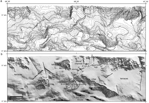 (a) Isobath map derived from the multibeam data in a sector of the ...