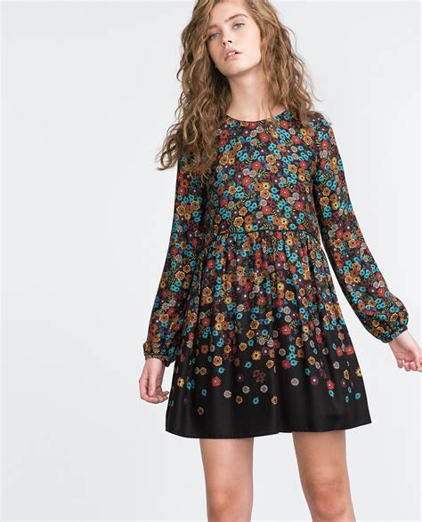 Zara Floral Dress in Black | Lyst