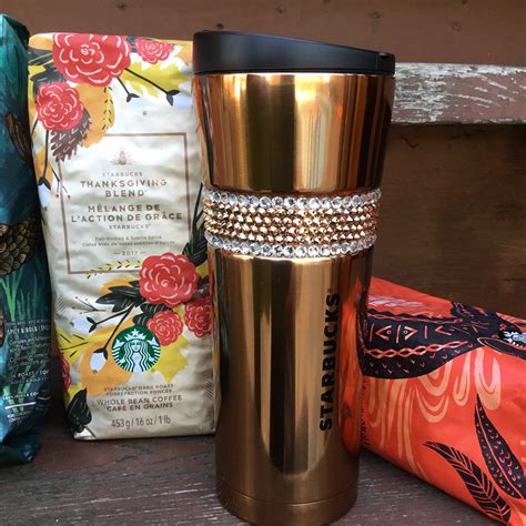 Stainless Starbucks Coffee Cup Tumbler w/ Swarovski Rose Gold Crystal ...