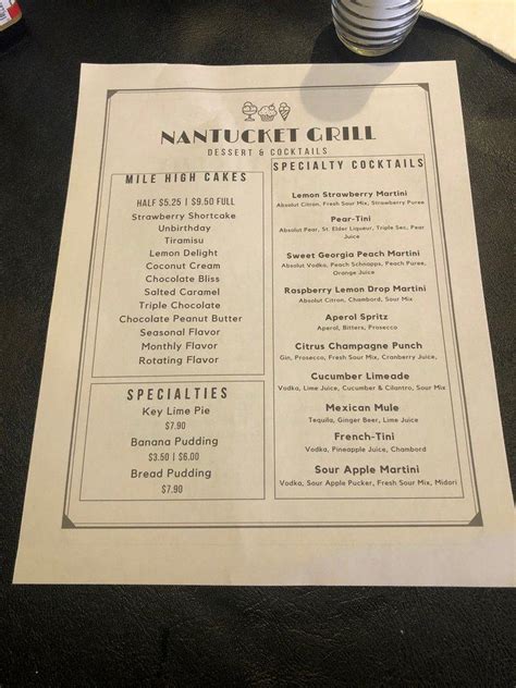 Menu at Nantucket Grill restaurant, Chapel Hill, Farrington Rd