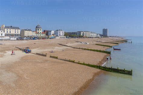 View of beach front houses and Worthing Beach from the pier, Worthing ...