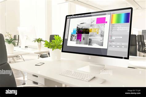 graphic design screen mockup computer in loft office 3d rendering Stock ...