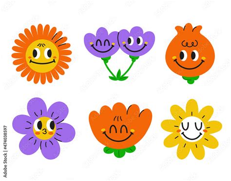 Cute funny kawaii smile face flowers set collection.Vector cartoon ...