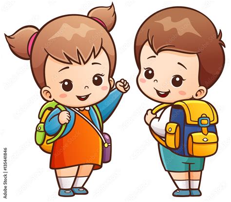 Vector illustration of Cartoon Kids Going to School เวกเตอร์สต็อก ...