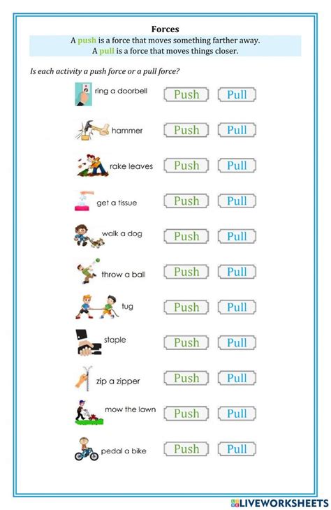 Forces - push or pull worksheet | Fun science worksheets, Free science ...