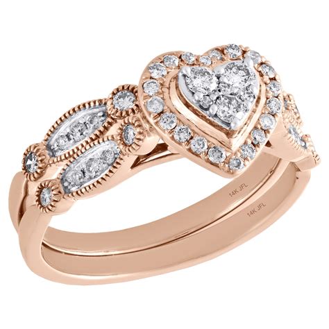 14K Rose Gold Diamond Bridal Set Heart Engagement Ring + Wedding Band 0 ...