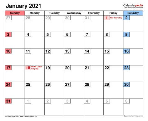 January 2021 Calendar | Templates for Word, Excel and PDF