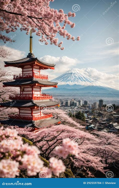 Mt Fuji and Cherry Blossom at Kawaguchiko Lake in Japan Stock ...