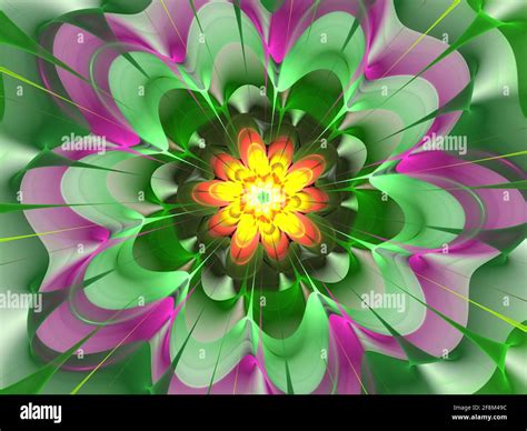 Fractal illustration of a bright spiral with floral patterns. fractal ...