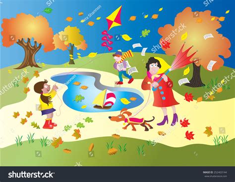 Windy Day Park Little Girl Flies Stock Vector (Royalty Free) 252403144 ...