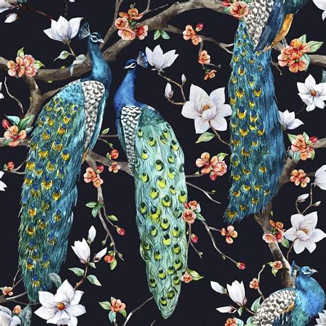 Victorian Peacocks on Black | Peacock wallpaper, Victorian wallpaper ...