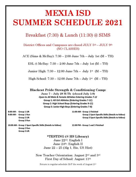 Mexia ISD Summer Schedule 2021 | Mexia Independent School District