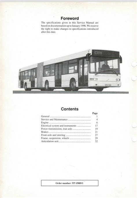 Volvo Service Manual Articulated Bus B10L Specifications 1996 TP15889/1 ...