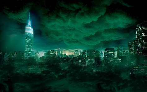 Green and black abstract painting, cityscape, clouds, night HD ...