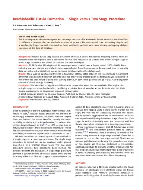 (PDF) Brachiobasilic Fistula Formation – Single versus Two Stage ...