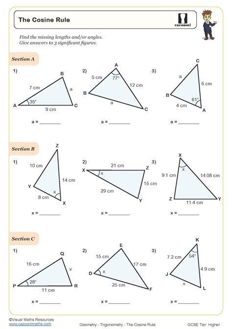 The Cosine Rule Worksheet | Cazoom Maths Worksheets