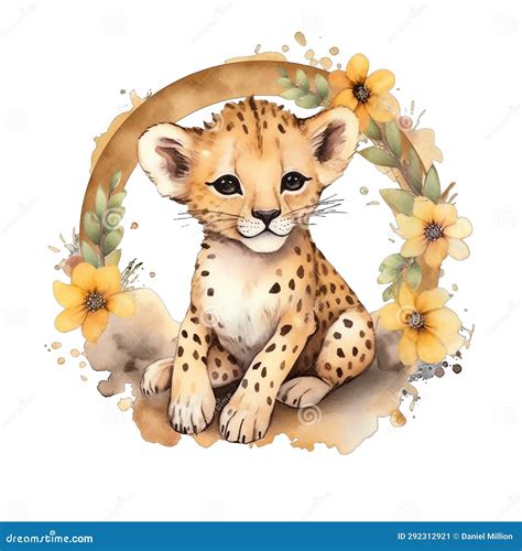 Cute Cheetah with Flowers Watercolor Illustration Stock Illustration ...