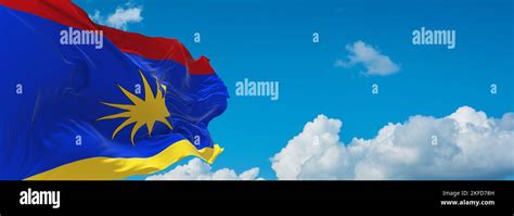 flag of Daco-Romance peoples Serbian Vlachs at cloudy sky background ...