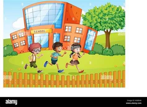 Illustration of kids and a school in a beautiful nature Stock Vector ...