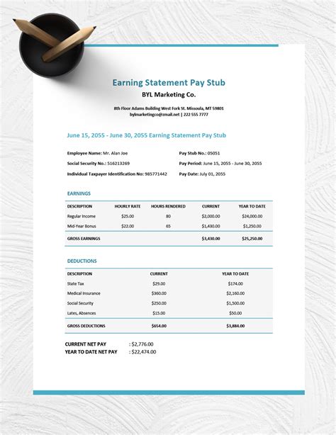 Earning Statement Pay Stub Template - Google Docs, Google Sheets, Word ...