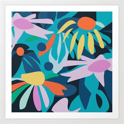 an art print with colorful flowers and leaves on blue, green, pink ...