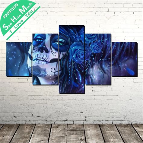 5 Piece Blue Sugar Skull Modern Artwork Wall Art Canvas Poster and ...