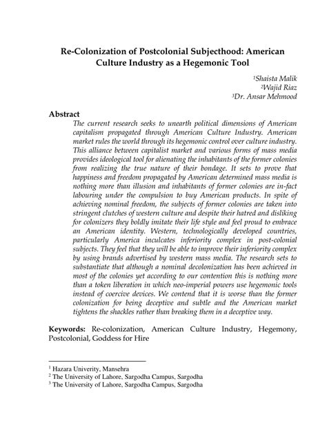 (PDF) Re-Colonization of Postcolonial Subjecthood: American Culture ...