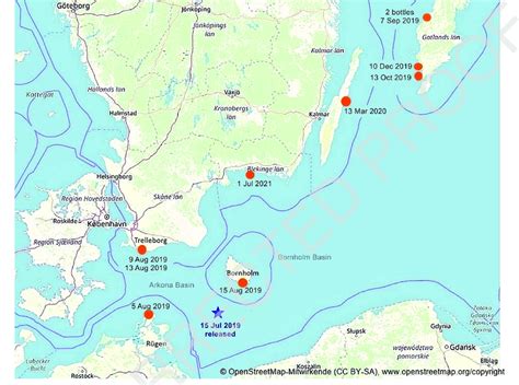 Map of the Southern Baltic Sea and Kattegat. The map shows the bottle ...