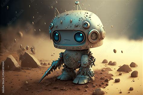 small cute robot in fantasy world, ai art Stock Illustration | Adobe Stock