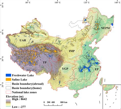 Map of China lakes and basins included in the generated data set ...