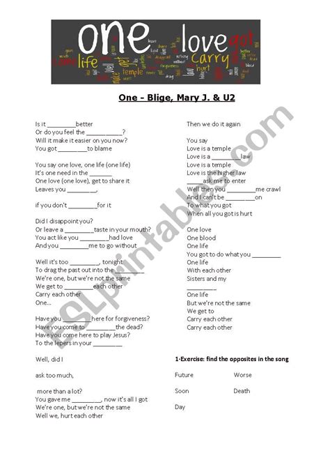 One love: U2 Song - ESL worksheet by emlor