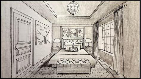 One Point Perspective Drawing Of A Bedroom