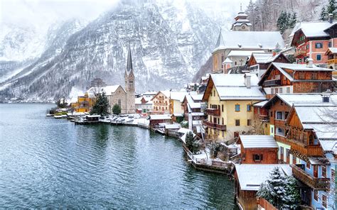 Wallpaper Hallstatt Austria Winter Mountains Snow Coast 3840x2400