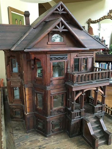 RARE 1880's Victorian Dollhouse Mansion Primitive LARGE Wood 53 Windows ...