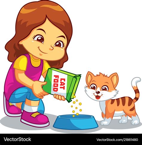 Girl feeding her pet cat Royalty Free Vector Image