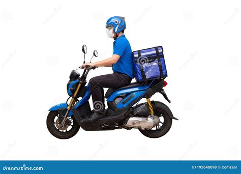 Delivery Man Wearing Blue Uniform Riding Motorcycle and Delivery Box ...