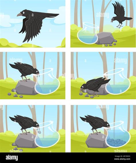 Thirsty crow. Tale of smart black crow and jug of water. Clever bird ...