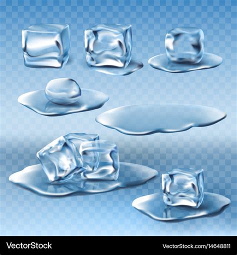 Set of wet melting ice cubes and water Royalty Free Vector