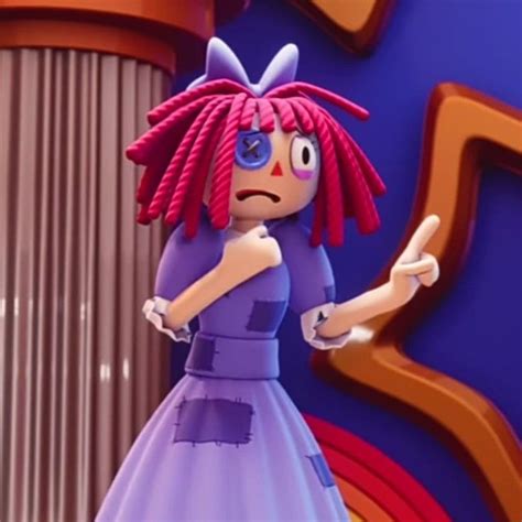 a cartoon character with pink hair wearing a purple dress and pointing ...