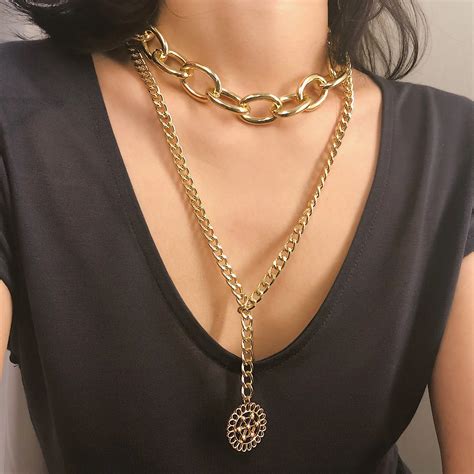 Sweater chain openwork disk long Necklace For Women Choker Minimalist ...