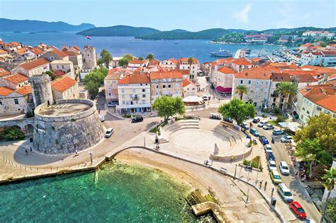 Korcula island. Historic town of Korcula waterfront aerial view ...