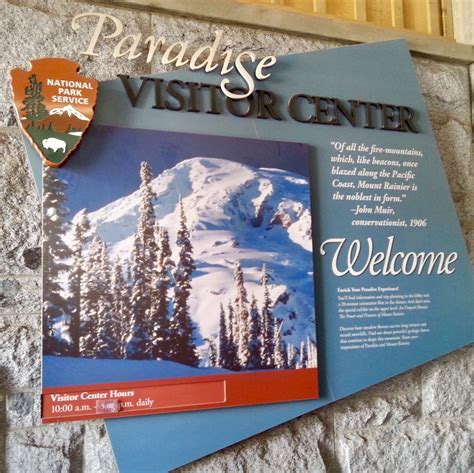 Paradise Visitor Center sign, Mount Rainier National Park, Washington ...