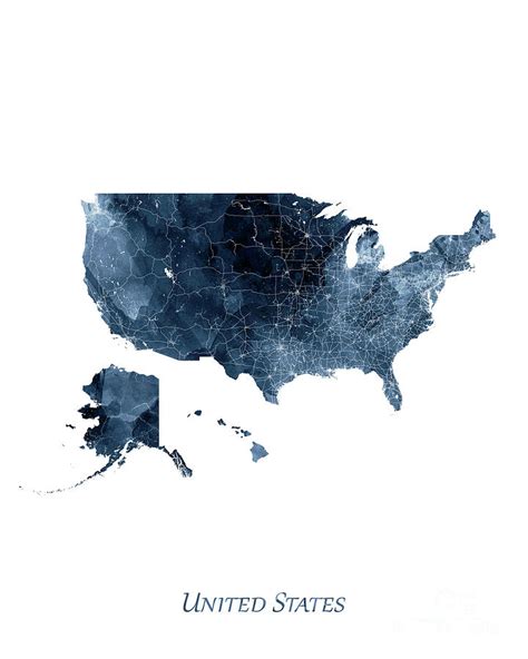 United States Map Watercolor Navy Blue by Zouzounio Art Digital Art by ...