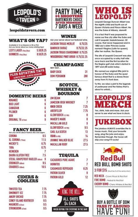 Leopold's Tavern Winnipeg - Bridgwater menu in Winnipeg, Manitoba, Canada