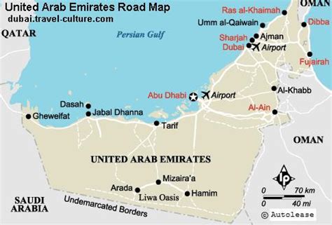 Uae Road Map showing different cities and town of UAE and other facts ...