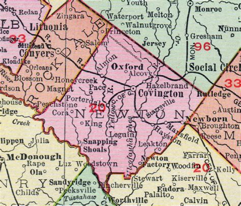 Newton County, Georgia, 1911, Map, Covington, Oxford, Newborn ...