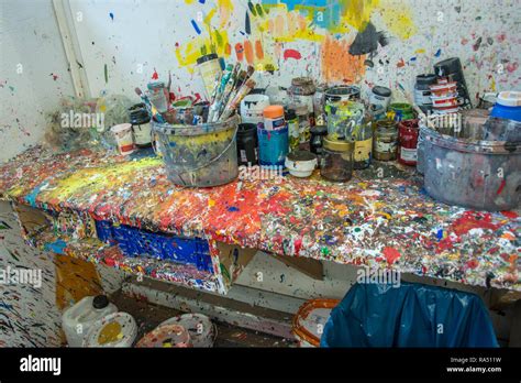 Color firework messy art studio atelier kitchen Stock Photo - Alamy